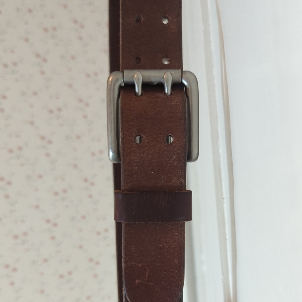 🤎 LL Bean Brown Belt Men's USA Made 36" Leather Double Hole Silvertone Buckle